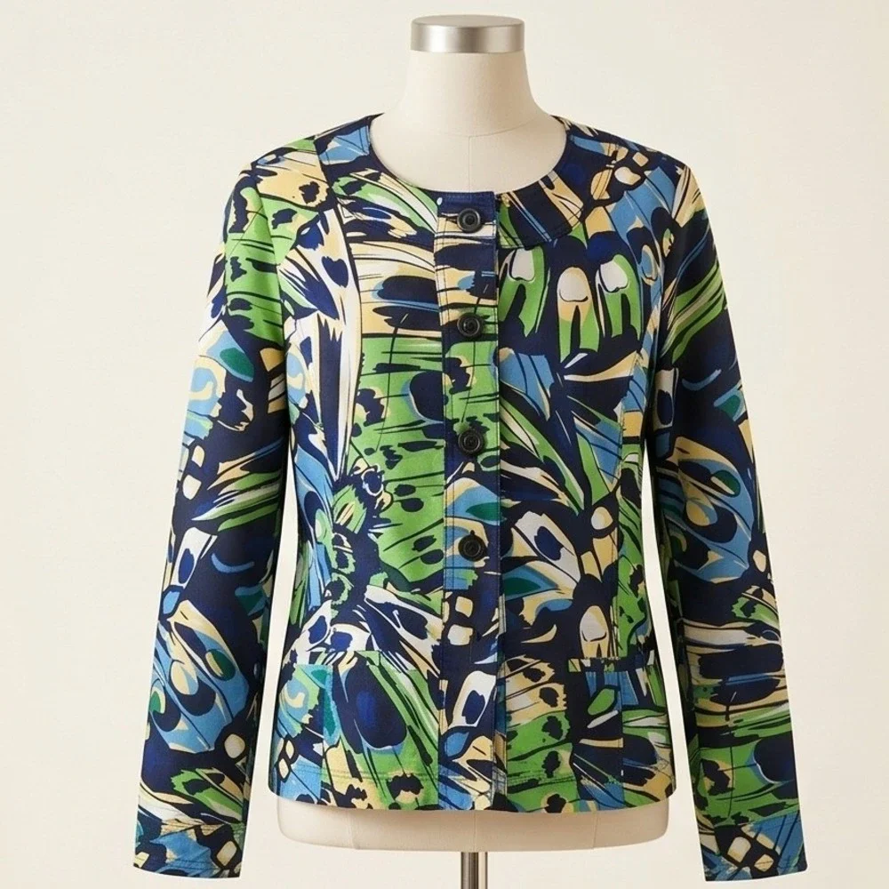 Chico's 1 Butterfly Print Button Front Jacket Blue Green Yellow Medium‎ NWOT
